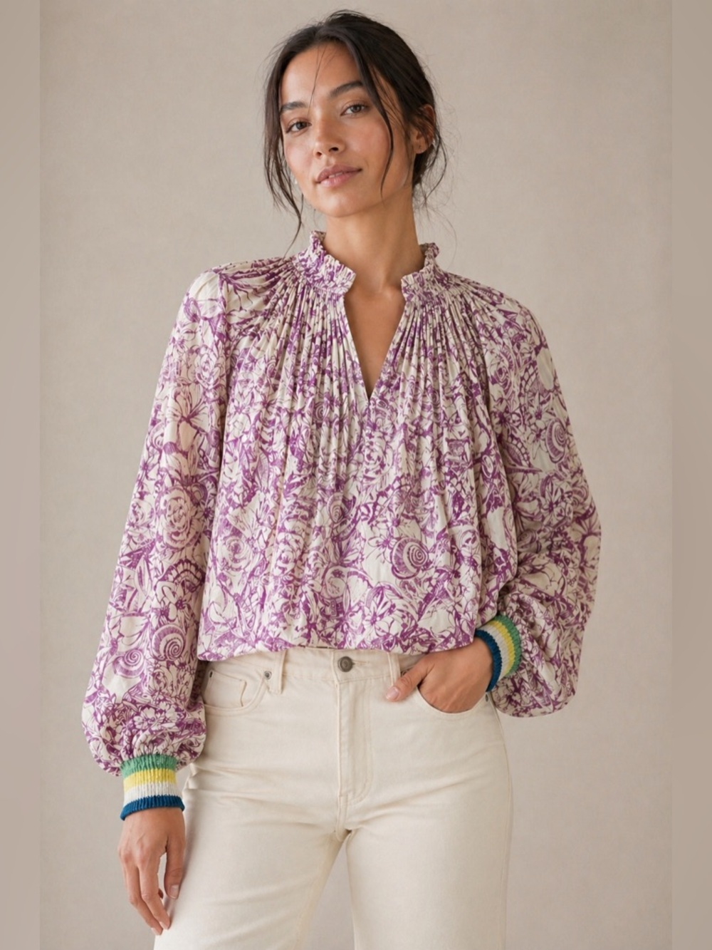 Tibi Edwardian Floral Smocked Blouse Purple White Pleated Long Sleeve Top Size 2